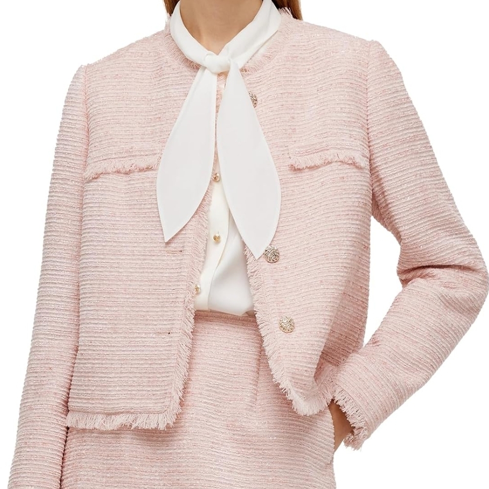 NWT DELLA Pink Tweed Fringed Collarless Chanel-Style Blazer